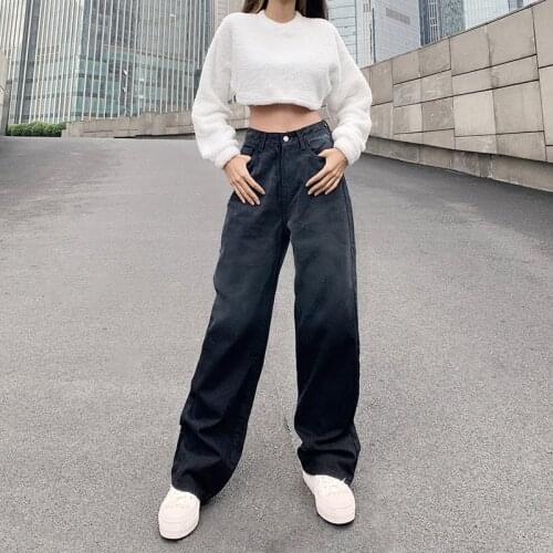Women Casual Jeans Long Pants Black Tie-dyed Printing High Waist Straight-leg Trousers Baggy Loose Denim Fashion Streetwear