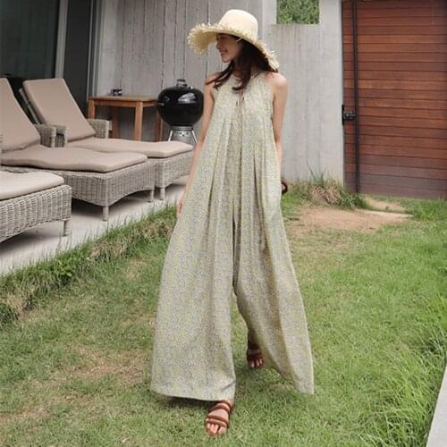 Johnature 2021 Summer Print Large Size Sleeveless V-neck Korean Casual Jumpsuits New 2 Colors Halter Sexy Bohemia Long Playsuits