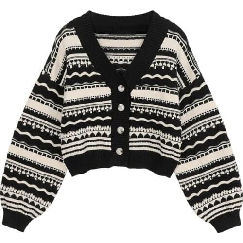 Retro Striped Sweater Womens Autumn and Winter Casual Vintage V-neck Cardigan Button Long Sleeve Womens Knitted Sweater Top