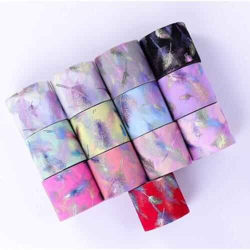 5yards Bronzing Symphony Feathers Printed Organza Satin Ribbon for DIY Craft Hair Bow Gift Packaging Wedding Party Decor Materia