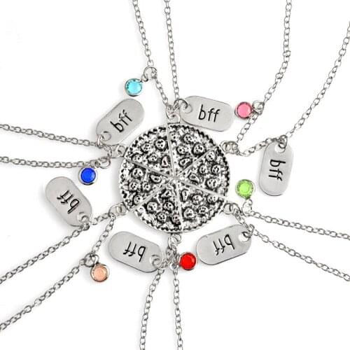 6pz/set BFF Pizza Nickalze Antique Silver Slice Colorful Crystal Dangle Pizza Pendant Bff Best Friend Friendship Necklace