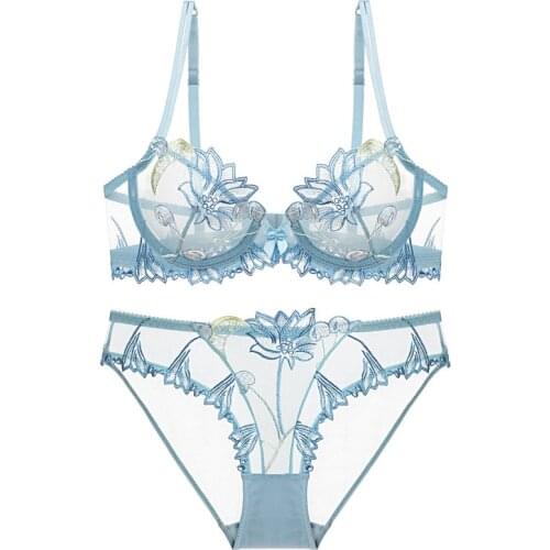 And American cherry embroidered underwear bra bigger sizes transparent gauze temptation ultra-thin sexy ladies bra set