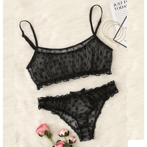 New Women Sexy Dot Mesh Bra Bowknot Underpants For Sleepwear Black Sling Lingerie Set Bras S-xl Hollow Out Mesh Sleepwear