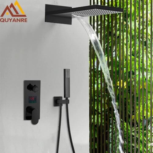 Matte Black Digital Display Shower Faucet Rain Waterfall Shower Hot Cold Water Mixer Tap For Bathroom LCD Screen Shower Mixer
