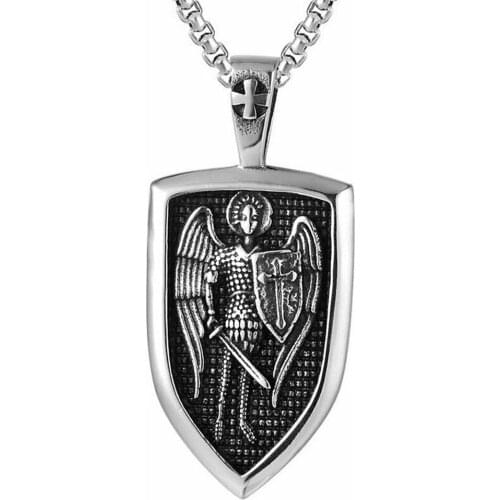 Saint St Michael Archangel Medal Shield Pendant Necklace Stainless Steel