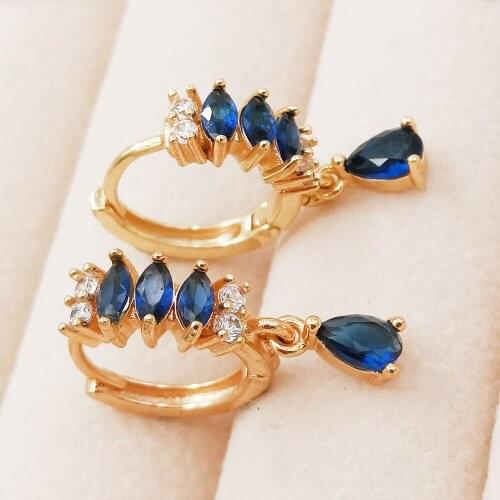 Trendy Gold Copper Plated Water Drop Round Hoop Earrings Navy Blue Zirconia Stone For Women Fashion Jewelry Accessories Gift