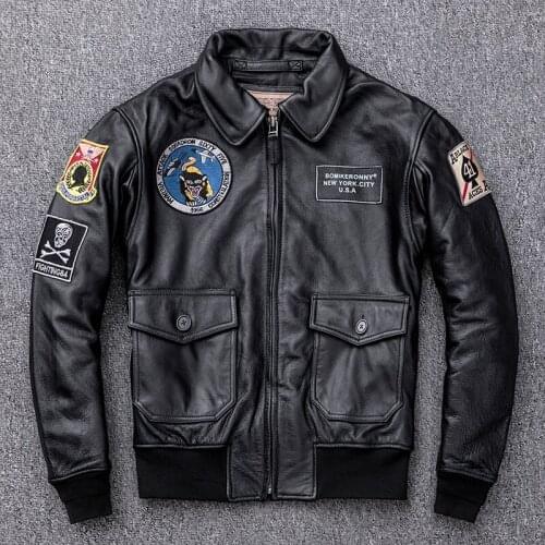 Men Genuine Leather A2 Pilot Jackets Top Quality Short Air Force Cowhide Bomber Jacket Vintage Classic Lapel Multiple Signs Coat