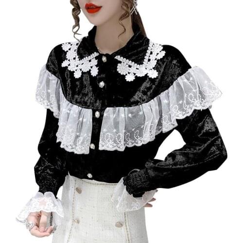 2021 New Women Golden Velvet Splicing Lace Blouse Girl Loose Lapel Flared Sleeve Tops Female Bottom-up Yarn Mesh Sweet Shirt