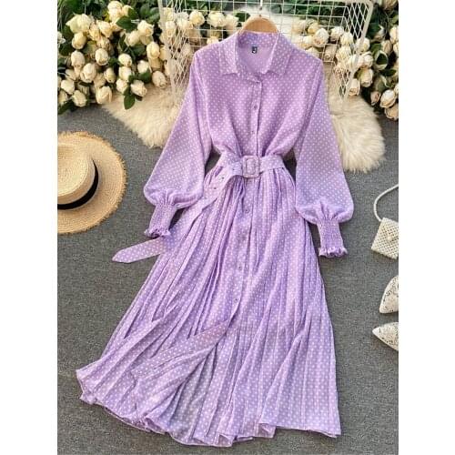 New Autumn Spring Women Chiffon Botton Polka Dot Pleated Shirt Dress With Belt Long Sleeve Elegant Office Lady Female Clothing