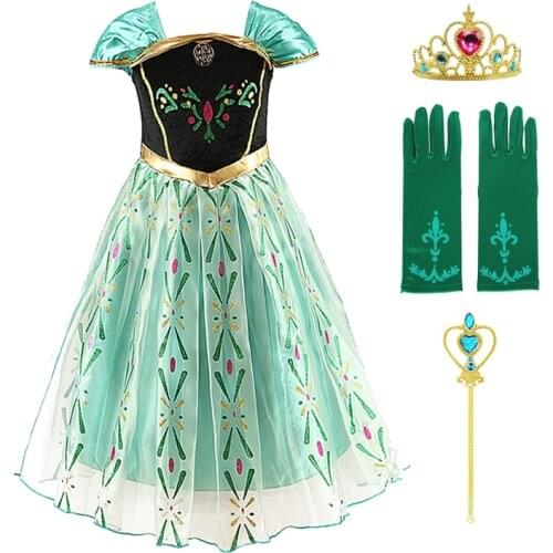 Princess Anna Green Dress Snow Queen Elsa Dress for Girls Costume with Wig Crown Gloves Wig Party Cosplay Dress Kids Clothing