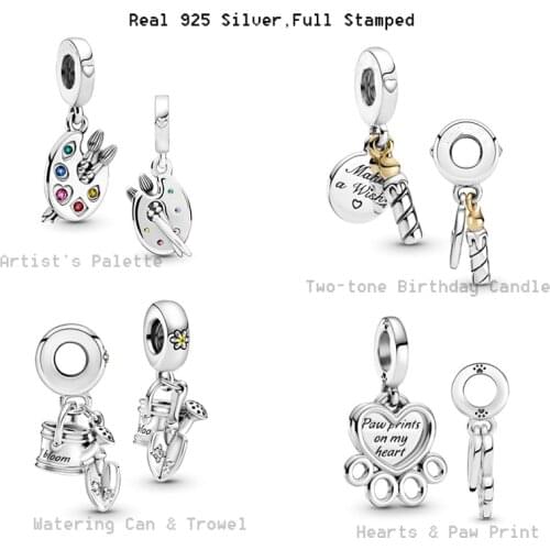 Real Silver 925 Hearts Paw Print Pendants Watering Can Charms Bracelets Artist Palette Fits Original Bangles Female Girls Gifts
