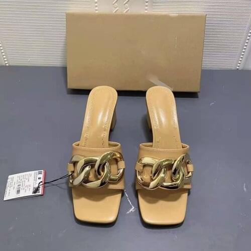 Meotina Women Sandals Chains Thick High Heel Sandals Square Toe Slippers Summer Shoes Metal Decoration High Heel Slides