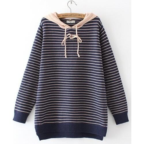 Sweater 2020 Autumn Winter Loose Womens Jumper Hooded Striped Pullover Elbow Patch Design Womens Oversize Sweater