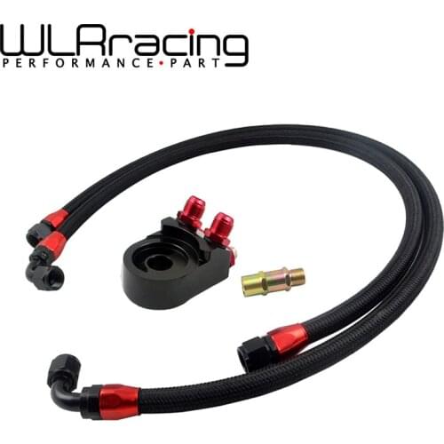 WLR RACING - Universal AN10 Oil Filter Cooler Sandwich Plate Adapter Black + 2PCS BRAIDED HOSE LINE BLACK