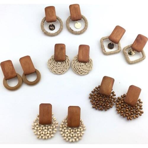 8 Style Women Jewelry Korea Handmade Wooden Straw Weave Rattan Vine Braid Drop Earrings New Fashion Geometric Elegant Earrings