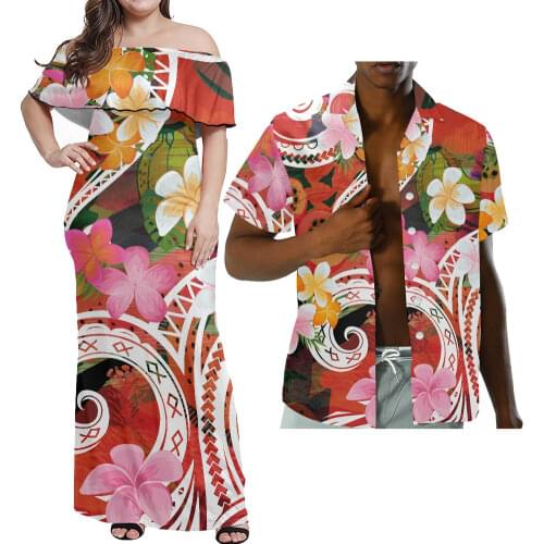 HYCOOL wholesale 7xl polynesian striped Stripe Bodycon Dress Long Ruffle One Shoulder Dress Match Hawaiian Shirt Couple Clothin