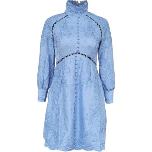 Collar stand New fashion hollow collage lace embroidery lantern long sleeve lady slim dress