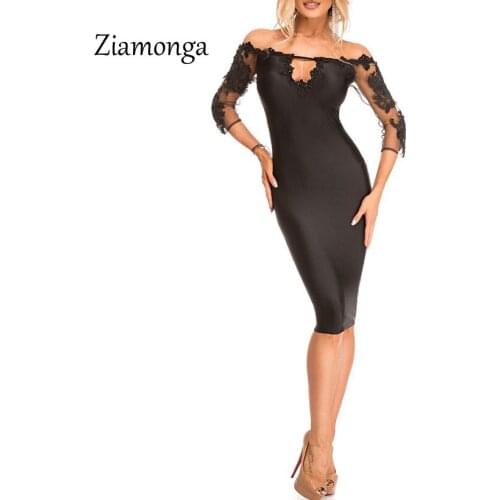 Ziamonga 2018 Roupas Feminina Sexy Party Robes Lace Applique Black Off Shoulder Midi Dress Vestidos De Festa Elegant Sexy Dress