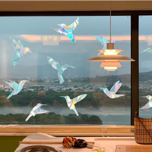 9pcs Electrostatic Glass Stickers Cat Hummingbird Trumpet Rainbow Prism PVC Glue-free Window Film Removable Glass Window Grilles