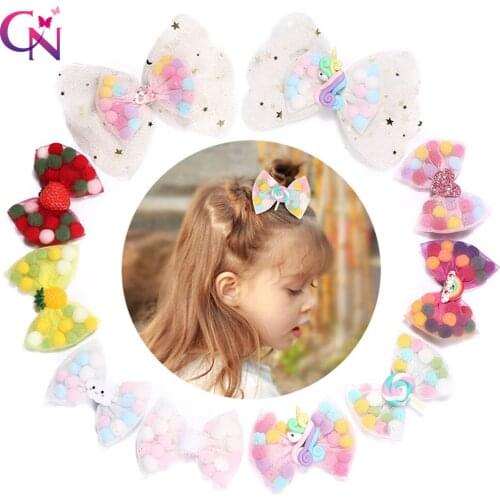 CN Hair Accessories Kids Organza Lace Hair Bows Korean Candy Color Pompom Hair Barrettes Unicorn Hair Clips for Girls