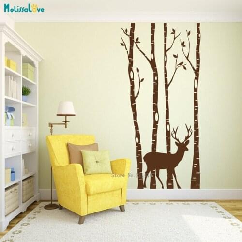 Birch Tree Wall Decals with Deer Forest Nursery Woodland Nature Decor Self-adhesive New Design Home Murals DIY YT4835