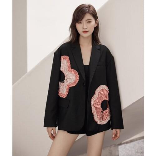 Black Flower Blazer Women Vintage Korean Loose Patchwork Blazer Long Sleeve Ladies Coat Suit Jacket Autumn 2021