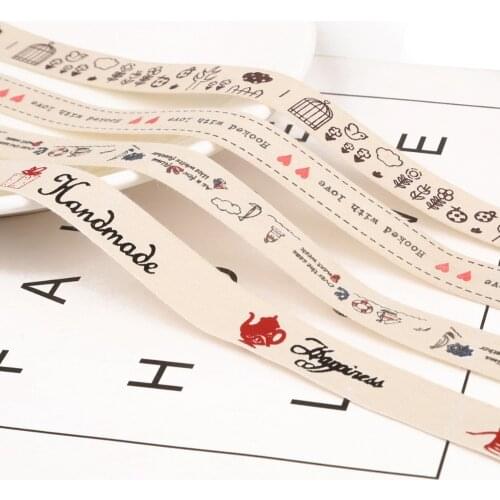 Handmade Printed Cotton Ribbon "Hand made" Letter Print Ribbon For Gift Wrapping Party Dress Sew On Garment 5 yards