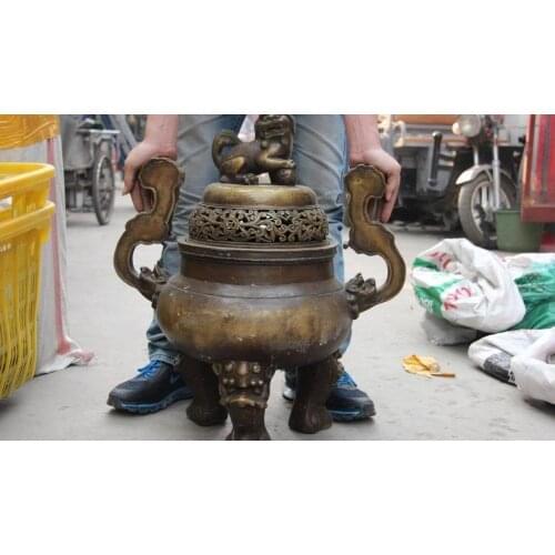 Chinese Buddhism Copper Bronze Foo Dog Lion Censer incense burner Aromatherapy