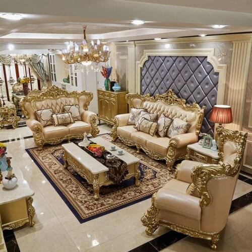 European-style Leather Sofa Combination 123 Luxury Living Room Furniture Full Solid Wood Oak Sofa Champagne Color