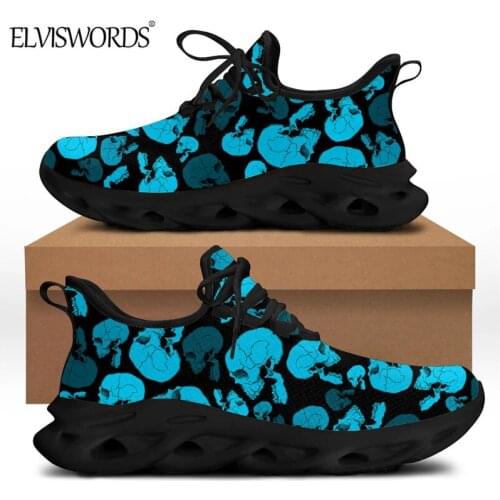 ELVISWORDS Mens Blue Skull Print Sport Sneaker Casual Running/Ball Game Footwear Cool Flex Control Lace-up Vulcanized Shoes