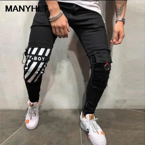 European And American Fashion Mens New Style Ripped Slim-fit Jeans Y2k Knee Stripe Printing Trousers Casual Pants Foot Pants