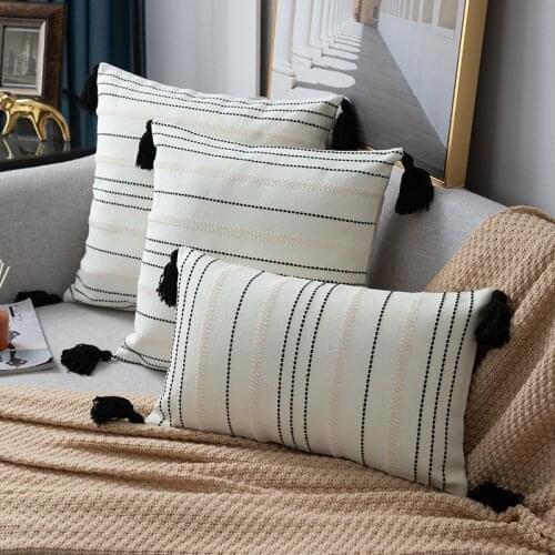 Four Corners Black Tassel Woven Stripes White/green Cushion Cover 50x50m Simple Home Decoration Pillowcase Sofa Bed Bedroom