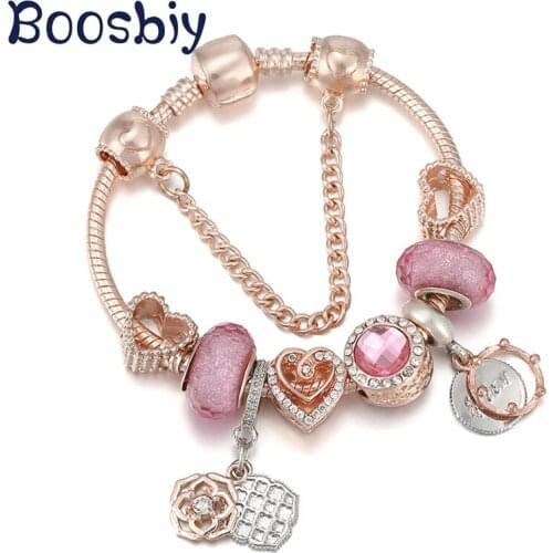 New Design Crystal Queen Crown Pendant Fit European Style Rose Gold Snake Chain Charm Bracelet For Women Fashion Jewelry Gift