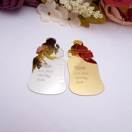 30pcs Personalized Cute Baby Bottle Shape Custom Name Weight Height Acrylic Mirror Stickers Party Invitation Card 5*10cm