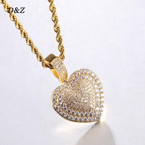D&Z New Iced Heart Shape Pendant & Necklace Iced Out Cubic Zircon Stones Gold Silver Color Hip Hop Charm Necklace Jewelry Gift