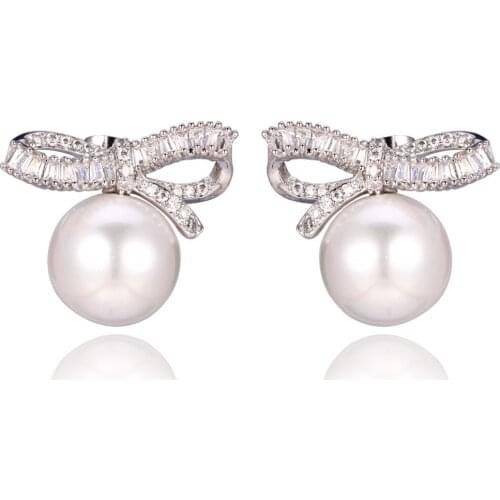 GrayBirds Copper With Clear AAA Cubic Zirconia Luxury Earrings For Office Lady Fashion Bow With Shell Pearl Jewelry XYE044P