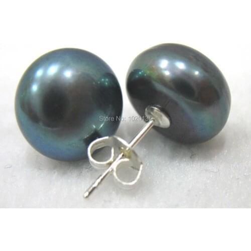 Freshwater pearl black coin stud silver925 earrings 11-12mm