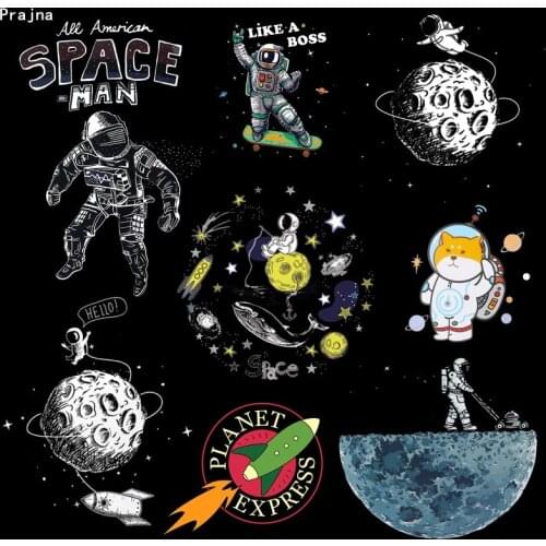 Prajna Space Earth Rocket Heat Transfer For Clothing Iron On Thermal Transfers Printed Hippie Stickers Applique UFO Planet Patch