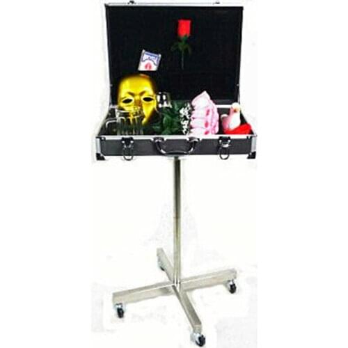 Fine Black Aluminum Box Magic Table (Roller type Stainless Steel stents) Magic Tricks Stage Gimmick Props Professional Magicians