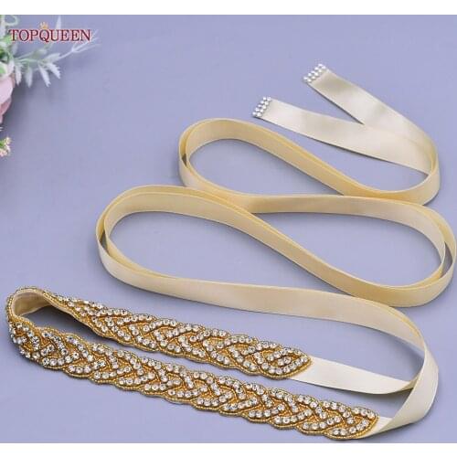 TOPQUEEN S216-G Bridal Belt Sash with Rhinstones Gold Rhinestone Bridal Sash Beads Sash Belt for Wedding Accessories Jewel Belt