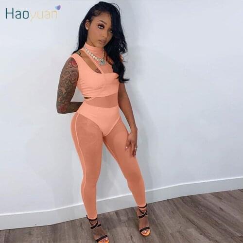 HAOYUAN Knitted 3 Piece Set One Shoulder Crop Top Mesh Sheer Bodycon Jumpsuit Slim Panties Sumemr Outfits Sexy Club Matching Set