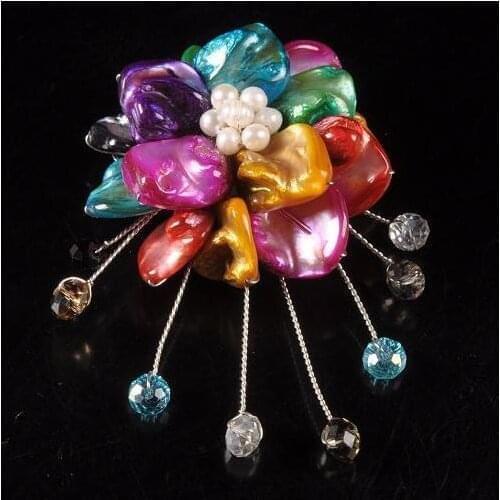 Unique Pearl Jewelry Dyed Multicolor Real Sea Shell White Freshwater Pearls Handmade Flower Pin Brooch Wedding Gift Fine Jewelry