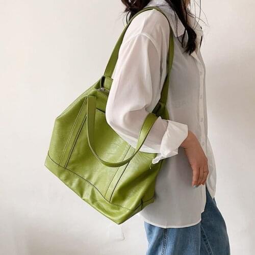 High Capacity Soft PU Leather Shoulder Bags for Women 2021 Summer Travel Green Handbag Fashion Luxury Simple Shopping Purses