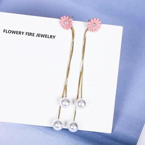 Elegant Pink Flower Long Earrings For Women Fashion Simulated Pearl Tassels Drop Earrings Sweet Oorbellen Gift Girls Jewelry