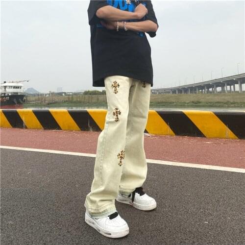 Western Style High Street Cross Embroidery Mens Jeans Hip Hop Micro Flare Denim Pants Men Loose Straight Trousers Streetwear