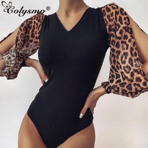 Colysmo Leopard Bodysuit Top See Through Cut out Lantern Sleeve Print V Neck Patchwork Bodycon Romper Women High Street Wear