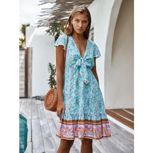 Deenor Floral Print Deep V Neck Dress Sexy Short Sleeve Dresses High Waist Lace Up Vintage Women Summer Dress 2021women Clothing