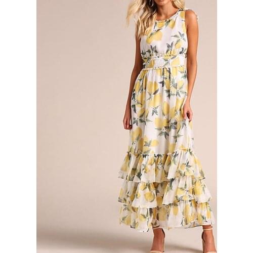 Lemon Print Summer Vintage Dress O Neck Sexy YelloW Dresses Women Retro Straps Dress Elegant Party Vestidos Office Dresses