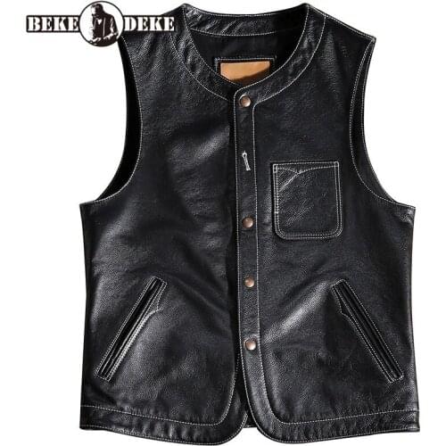 Men Vintage Real Leather Cowhide Vest V-Neck Brand Slim Multi-Pockets Waistcoat Business Casual Cargo Sleeveless Jackets M-2XL