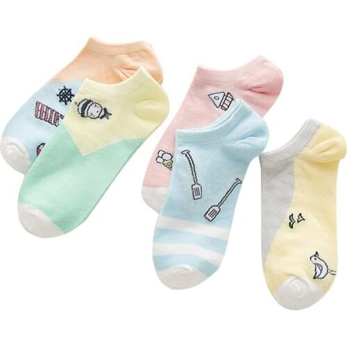 5 Pairs Candy Colors Women Socks Patchwork Color Comfortable Cotton Boat Socks Ankle Socks Cartoon Girls Invisible Socks